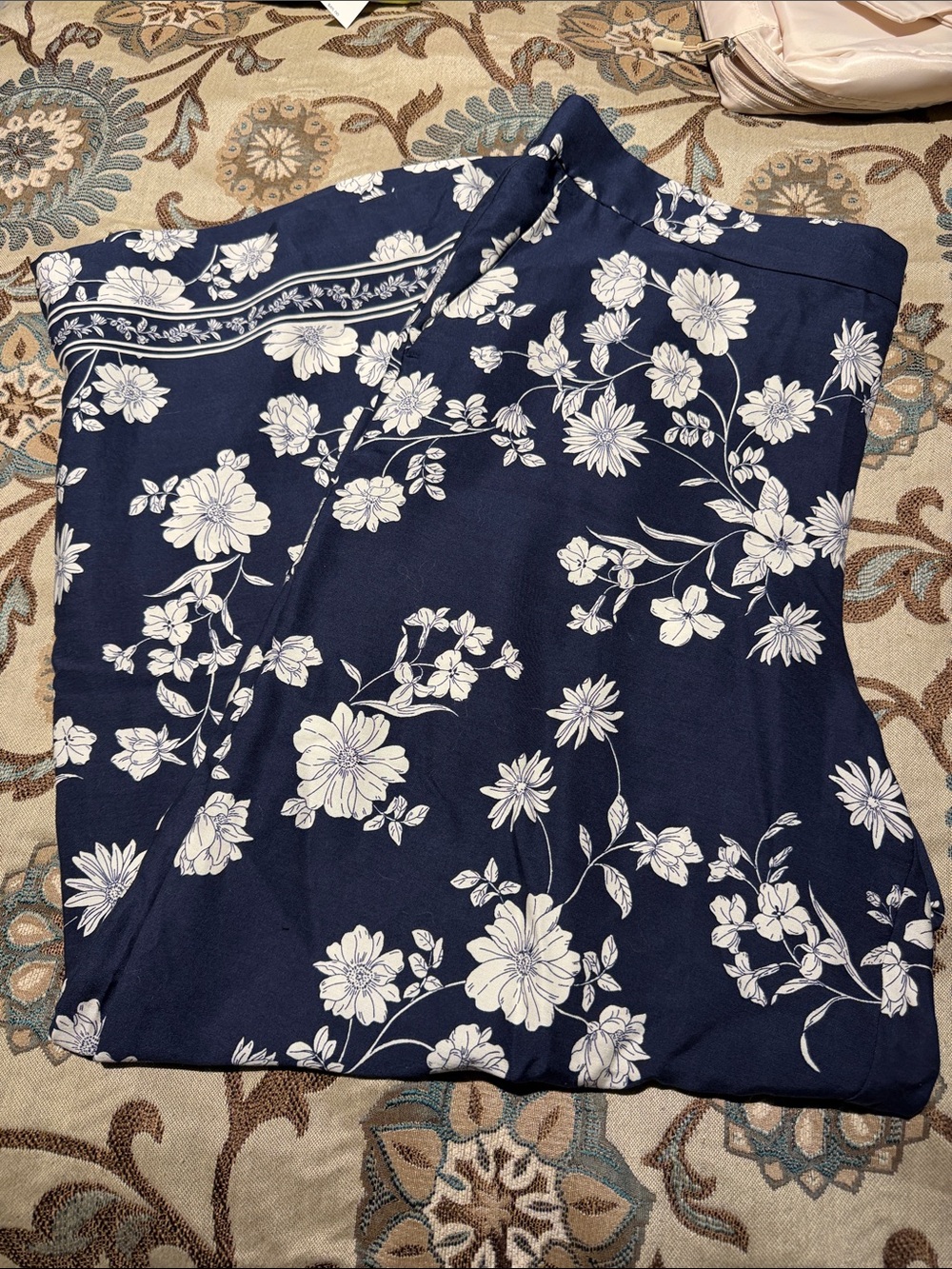 LOFT Navy Blue Wide-Leg Pants with White Floral Print